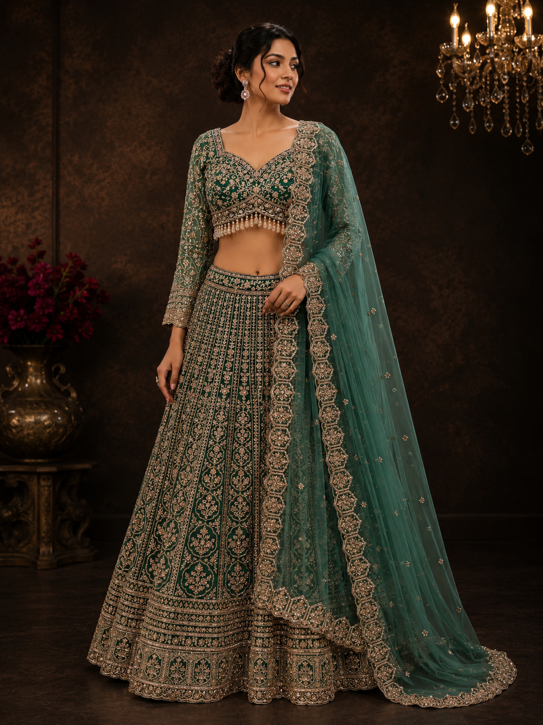 Emerald Green Silk Designer Lehenga Choli with Heavy Zari Embroidery & Net Dupatta